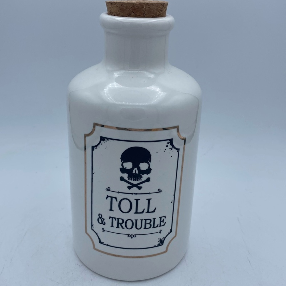HolidayHome Toll & Trouble apothecary ceramic Halloween skull crossbones bottle
